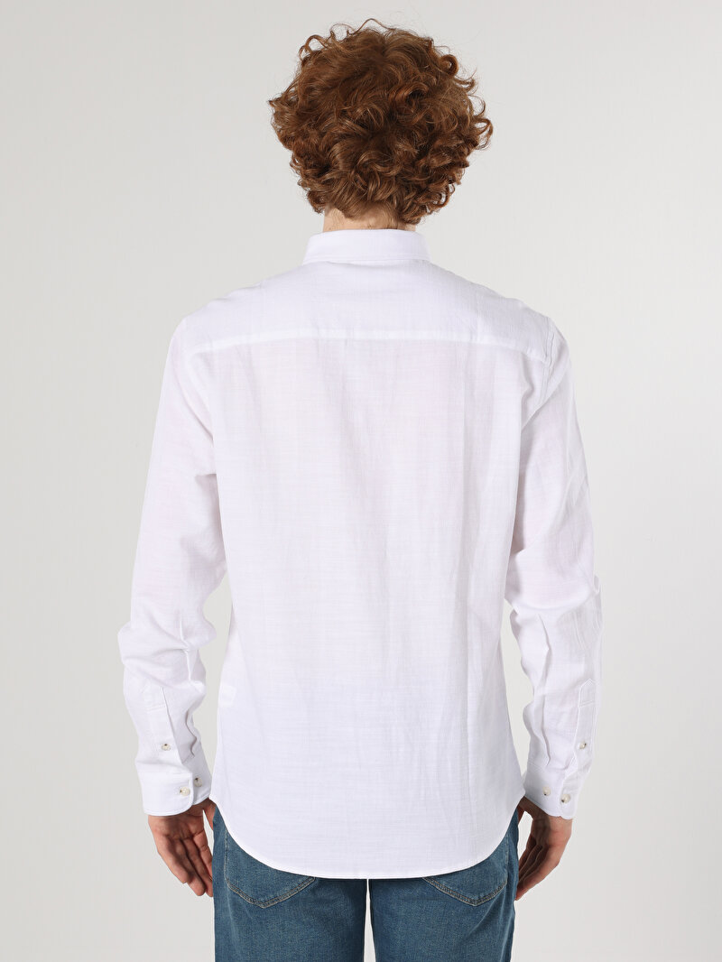 Slim Fit Shirt Neck Düz Erkek Beyaz Uzun Kol Gömlek