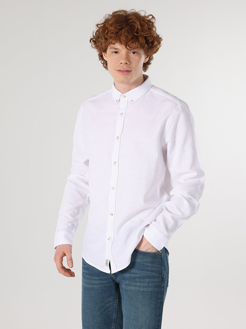 Slim Fit Shirt Neck Düz Erkek Beyaz Uzun Kol Gömlek