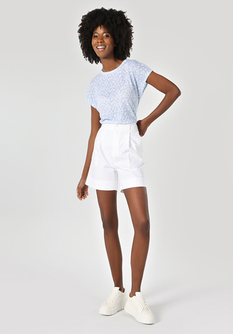 Regular Fit Yuvarlak Yaka Kadın Mavi Kısa Kol Tişört