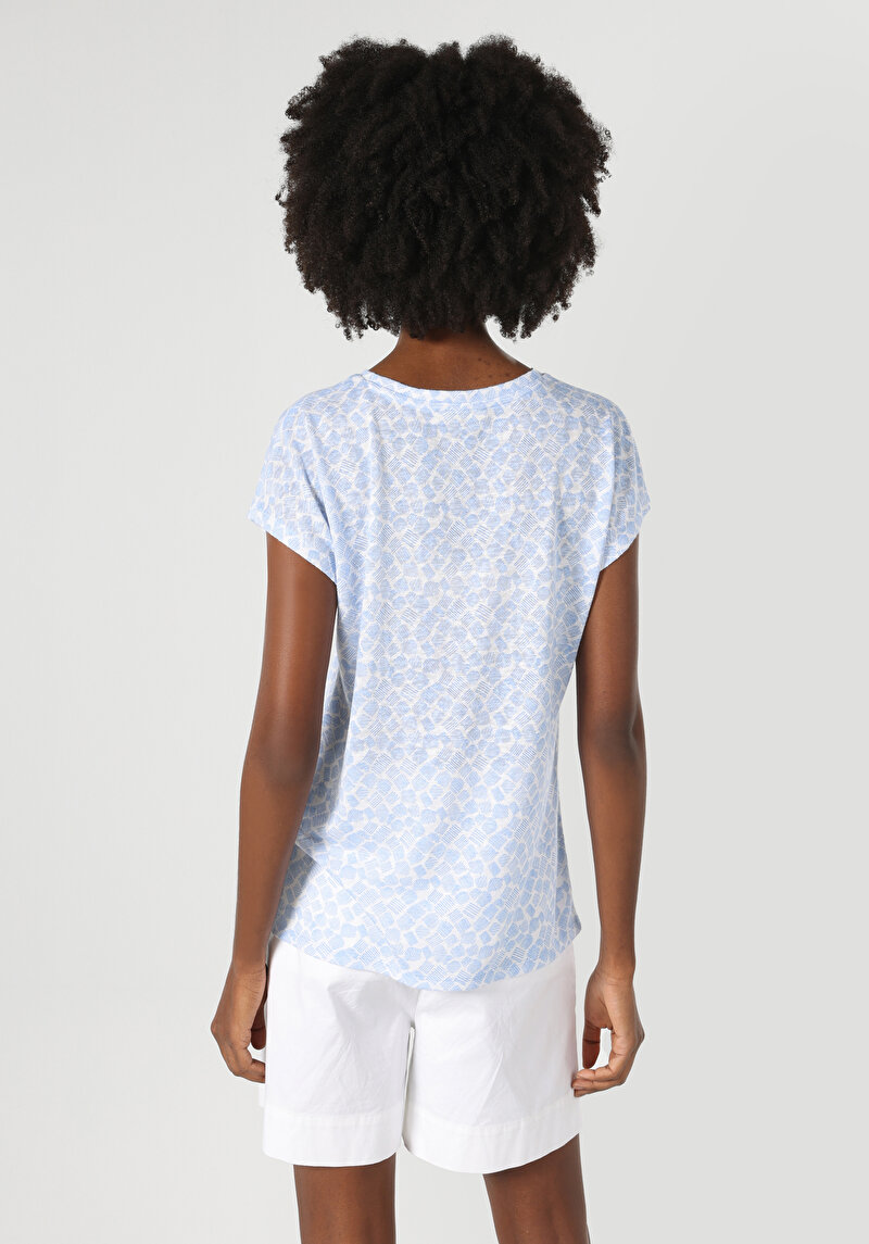 Regular Fit Yuvarlak Yaka Kadın Mavi Kısa Kol Tişört