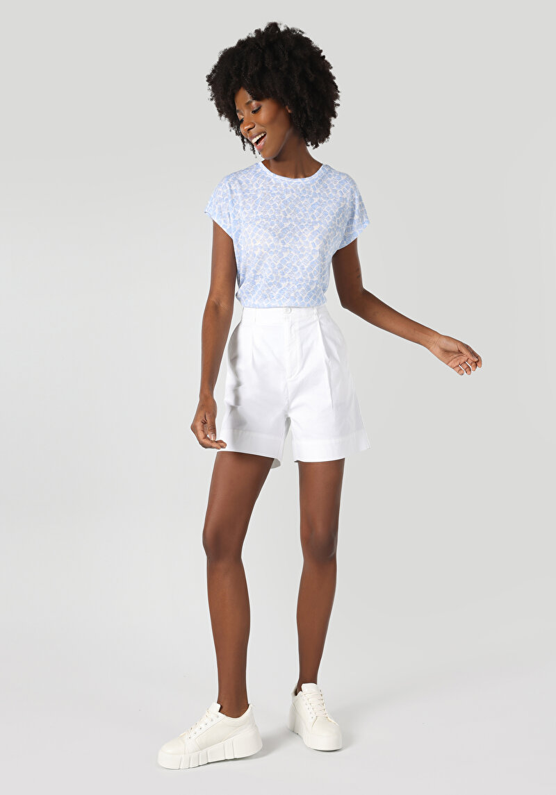 Regular Fit Yuvarlak Yaka Kadın Mavi Kısa Kol Tişört