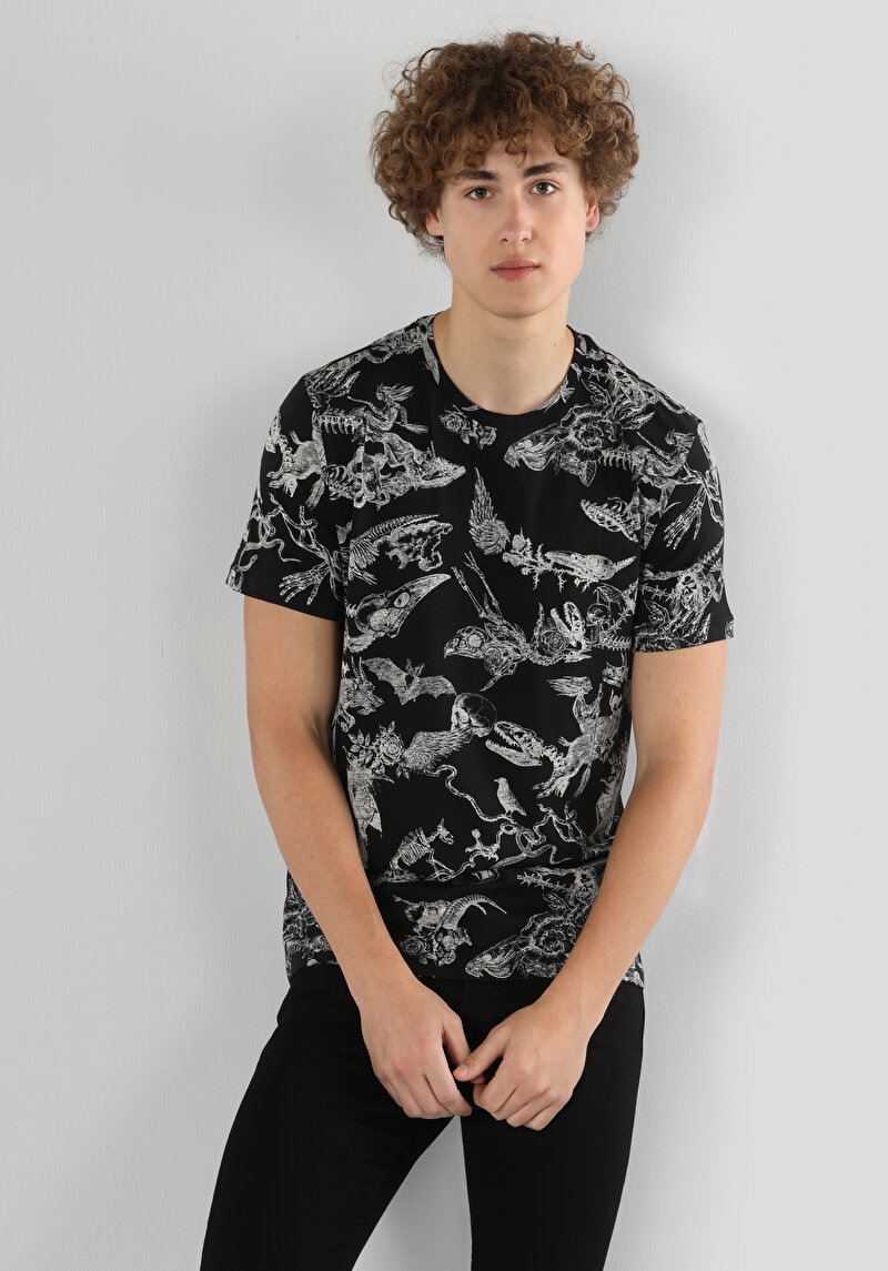 Regular Fit Yuvarlak Yaka Baskılı Erkek Siyah Kısa Kol Tişört