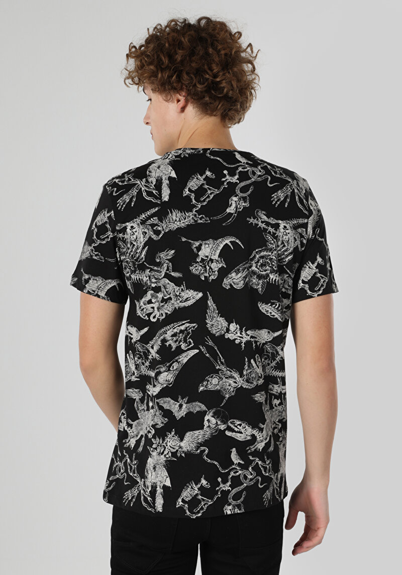 Regular Fit Yuvarlak Yaka Baskılı Erkek Siyah Kısa Kol Tişört