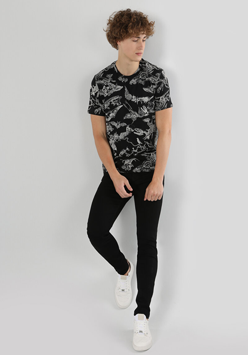 Regular Fit Yuvarlak Yaka Baskılı Erkek Siyah Kısa Kol Tişört