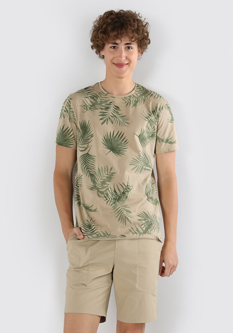 Regular Fit Polo Yaka Baskılı Erkek Bej Kısa Kol Tişört