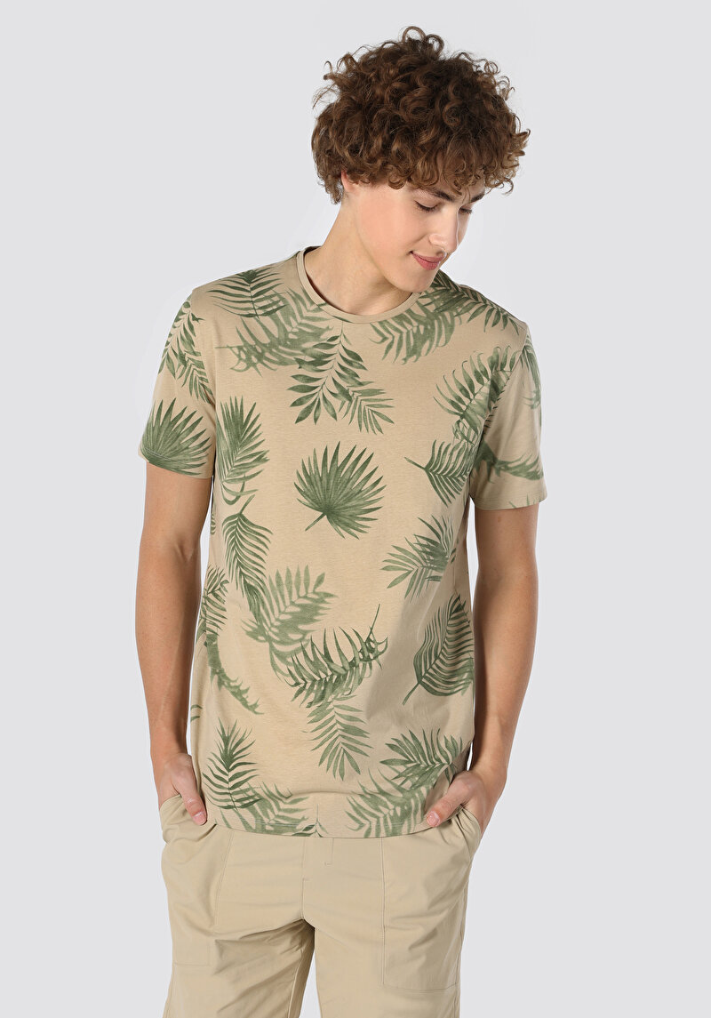 Regular Fit Polo Yaka Baskılı Erkek Bej Kısa Kol Tişört