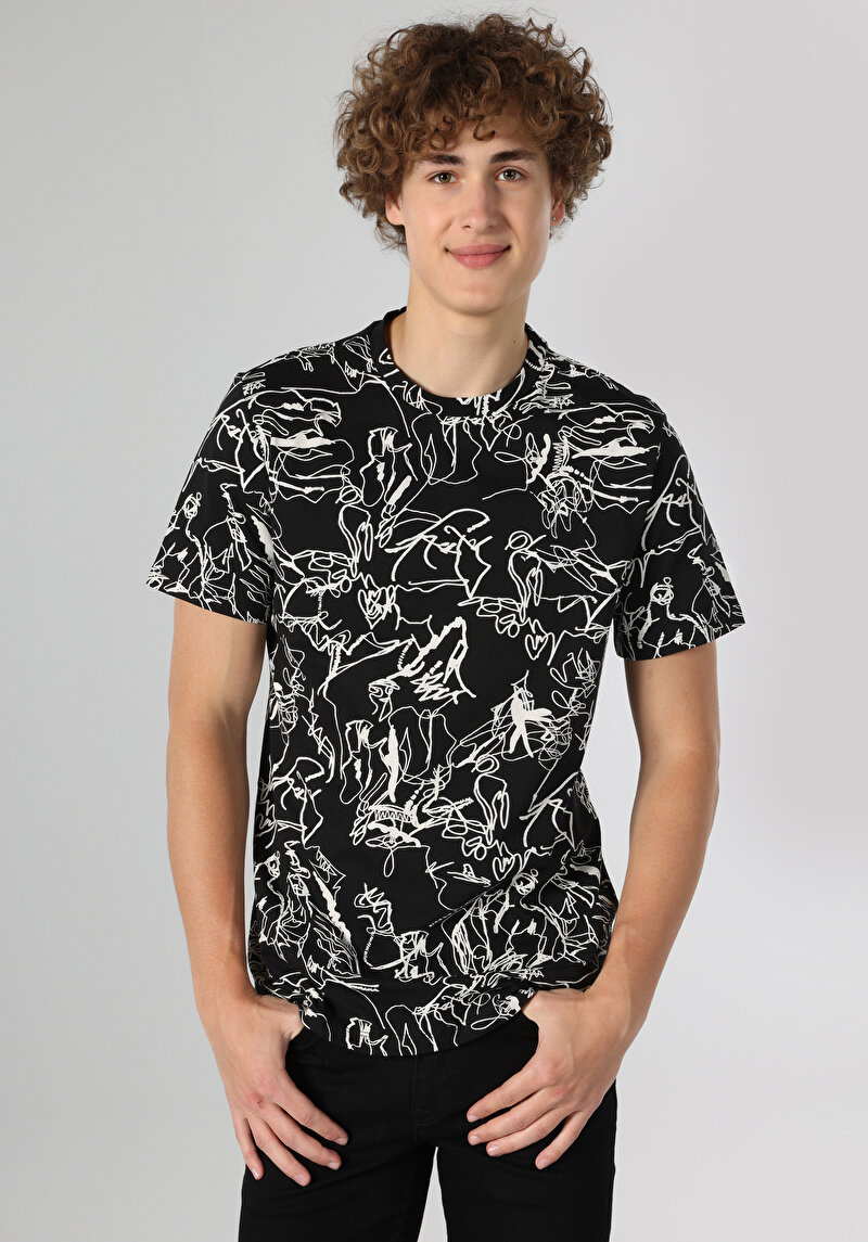 Regular Fit Yuvarlak Yaka Baskılı Erkek Siyah Kısa Kol Tişört