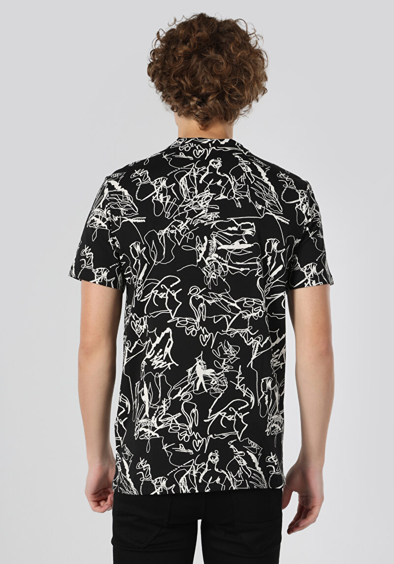 Regular Fit Yuvarlak Yaka Baskılı Erkek Siyah Kısa Kol Tişört