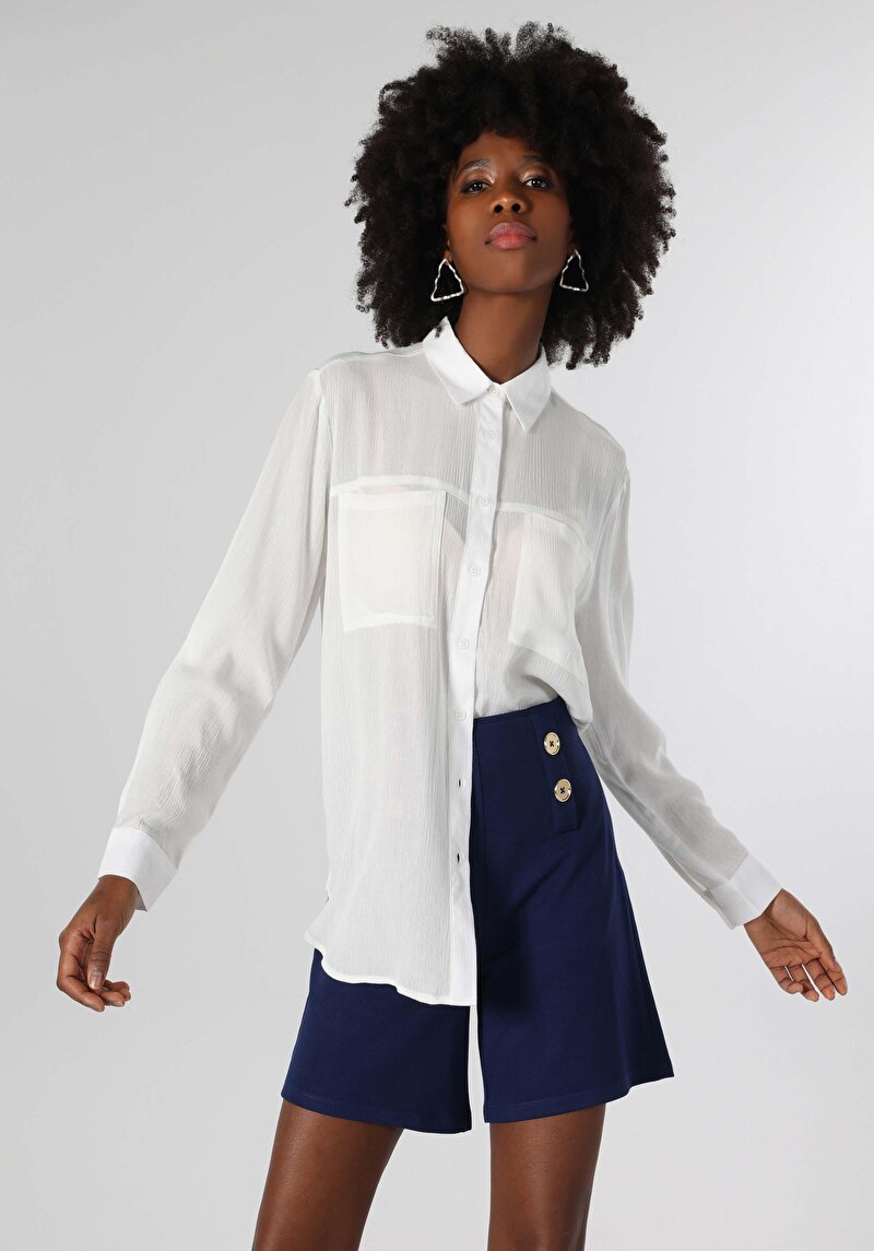 Viskonlu Regular Fit Shirt Neck Cepli Düz Kadın Beyaz Uzun Kol Gömlek