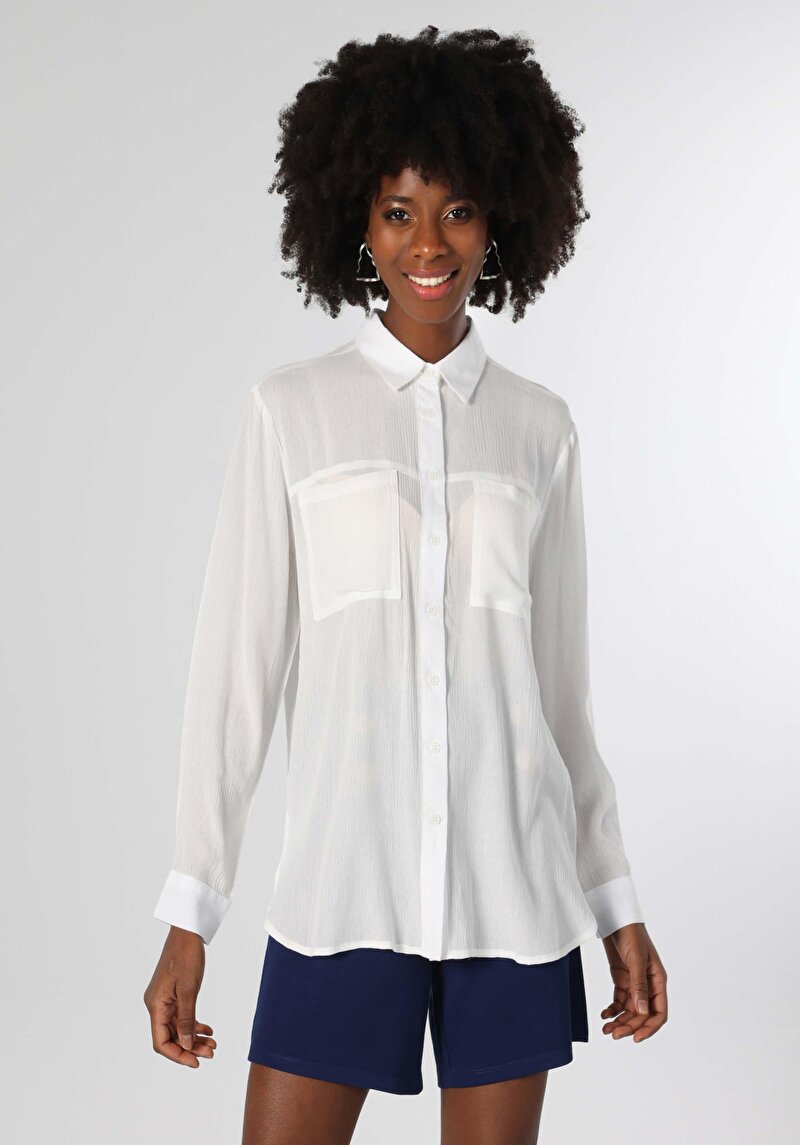Viskonlu Regular Fit Shirt Neck Cepli Düz Kadın Beyaz Uzun Kol Gömlek