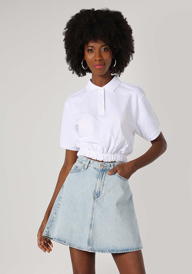 Regular Fit Polo Yaka Düz Kadın Beyaz Kısa Kol Tişört