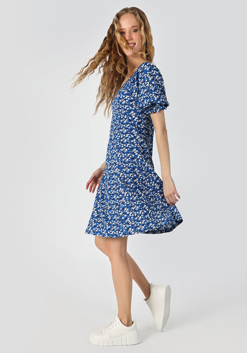 Regular Fit Çiçekli Kadın Çok Renkli Kısa Kol Elbise