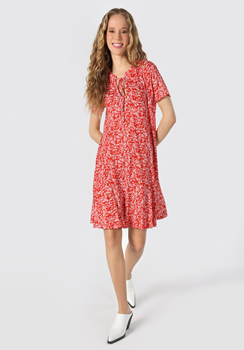 Comfort Fit Baskılı Kadın Kirmizi Kısa Kol Elbise