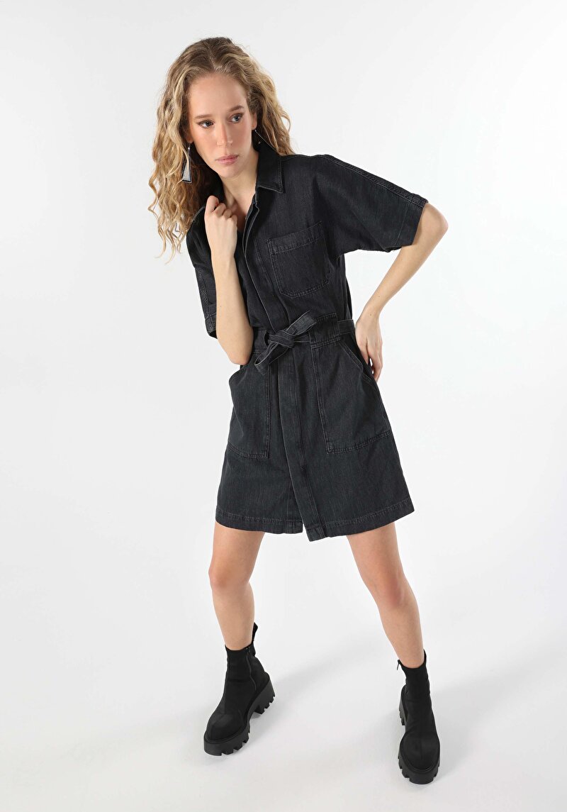 Slim Fit Düz Kadın Denim Kısa Kol Elbise