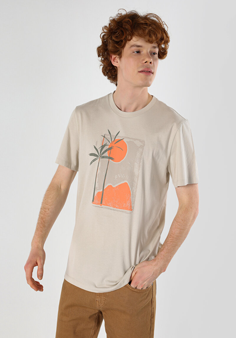 Regular Fit Yuvarlak Yaka Düz Erkek Bej Kısa Kol Tişört