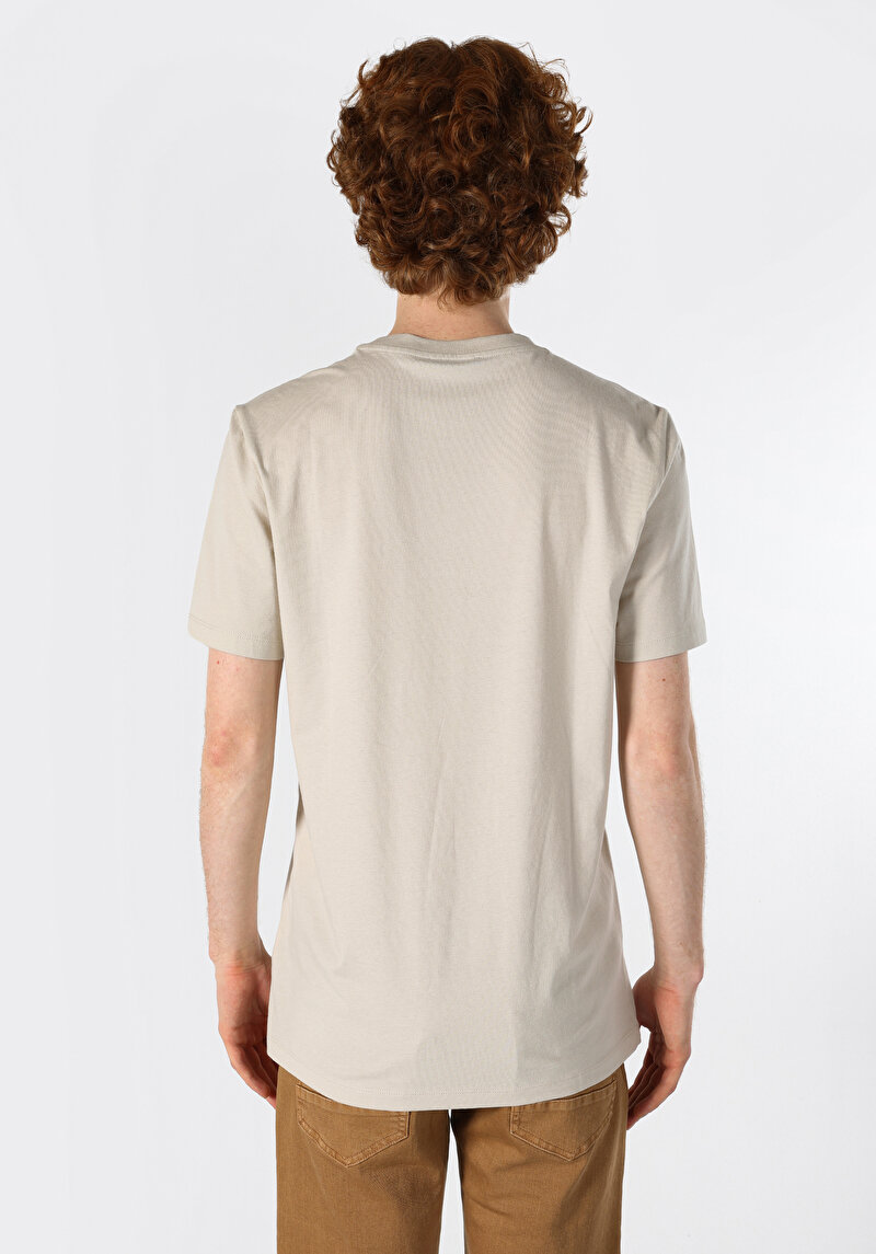 Regular Fit Yuvarlak Yaka Düz Erkek Bej Kısa Kol Tişört