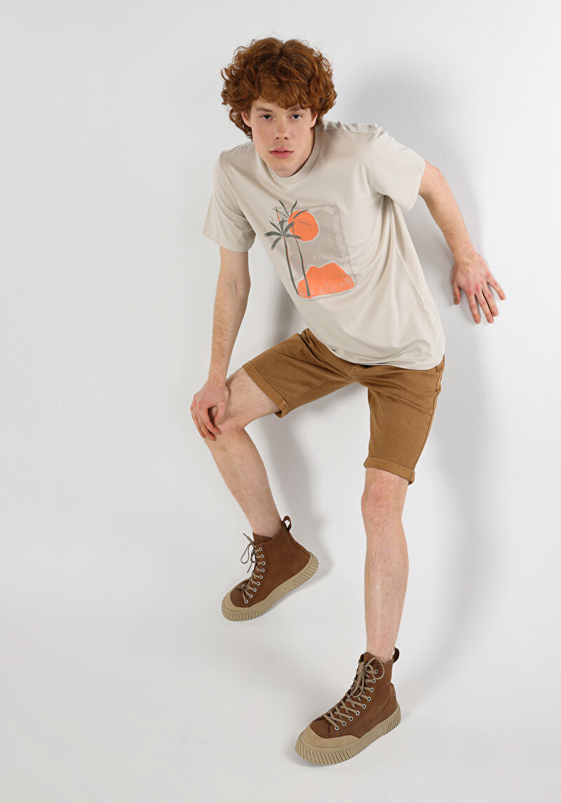 Regular Fit Yuvarlak Yaka Düz Erkek Bej Kısa Kol Tişört