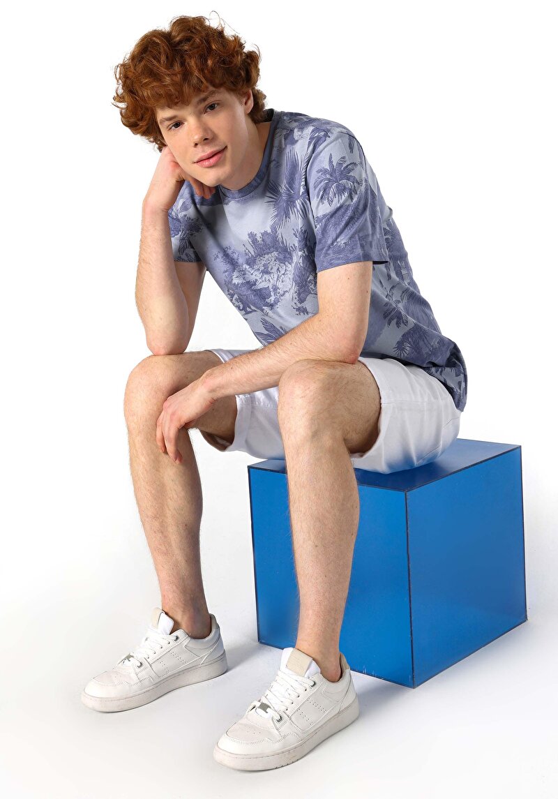 Regular Fit Yuvarlak Yaka Baskılı Erkek Mavi Kısa Kol Tişört