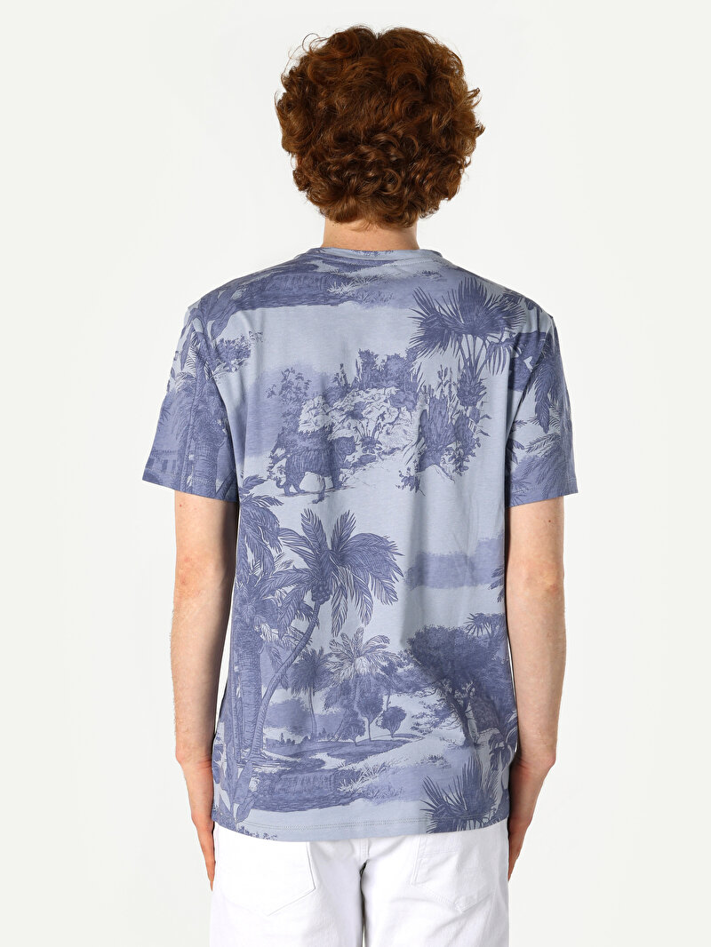 Regular Fit Yuvarlak Yaka Baskılı Erkek Mavi Kısa Kol Tişört