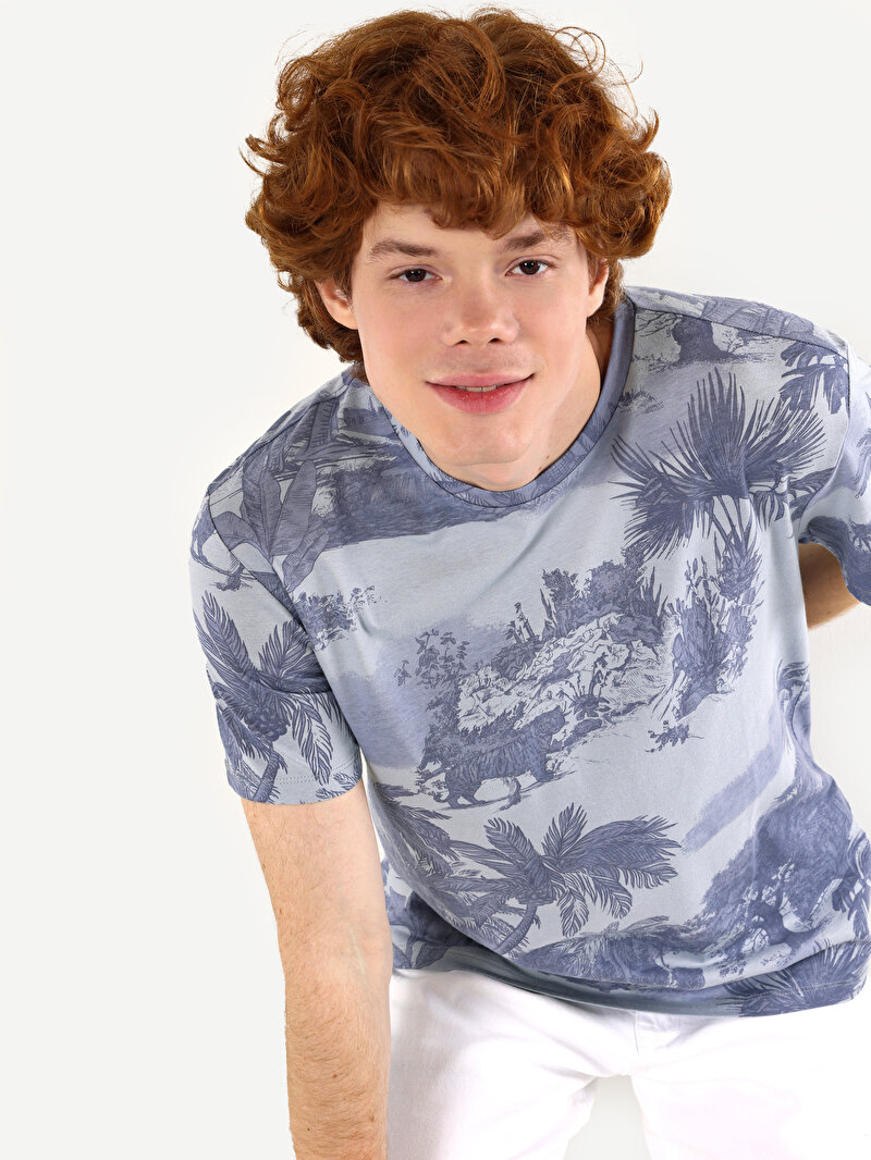 Regular Fit Yuvarlak Yaka Baskılı Erkek Mavi Kısa Kol Tişört