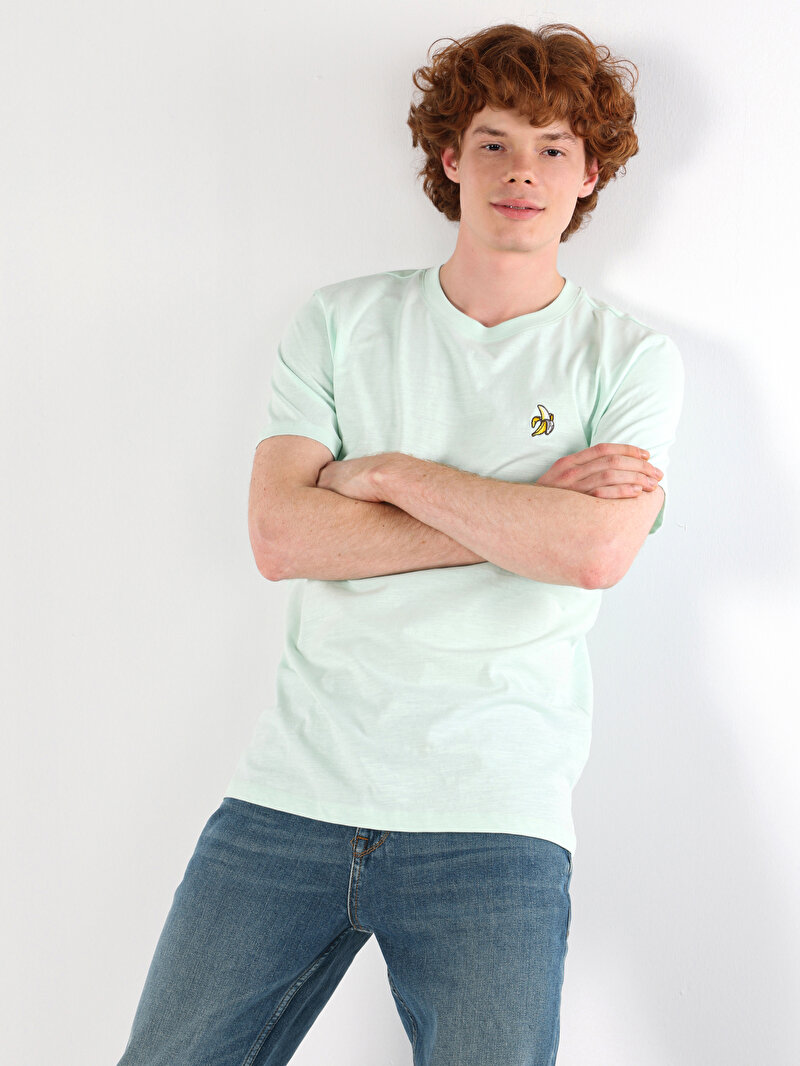 Regular Fit Yuvarlak Yaka Düz Erkek Yeşil Kısa Kol Tişört