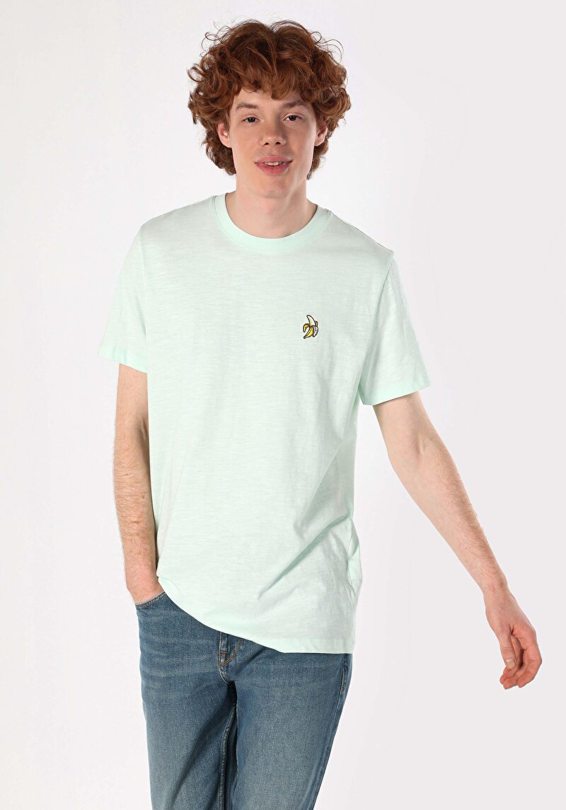 Regular Fit Yuvarlak Yaka Düz Erkek Yeşil Kısa Kol Tişört