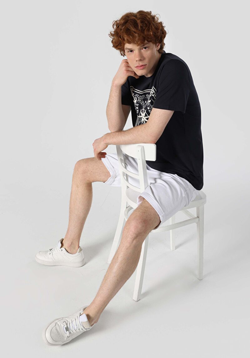 Regular Fit Yuvarlak Yaka Düz Erkek Lacivert Kısa Kol Tişört