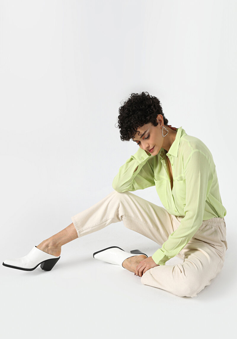 Baggy Fit Yüksek Bel Düz Paça Kadın Ekru Pantolon