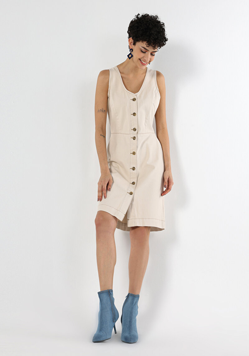 Slim Fit Kadın Natural Kolsuz Elbise
