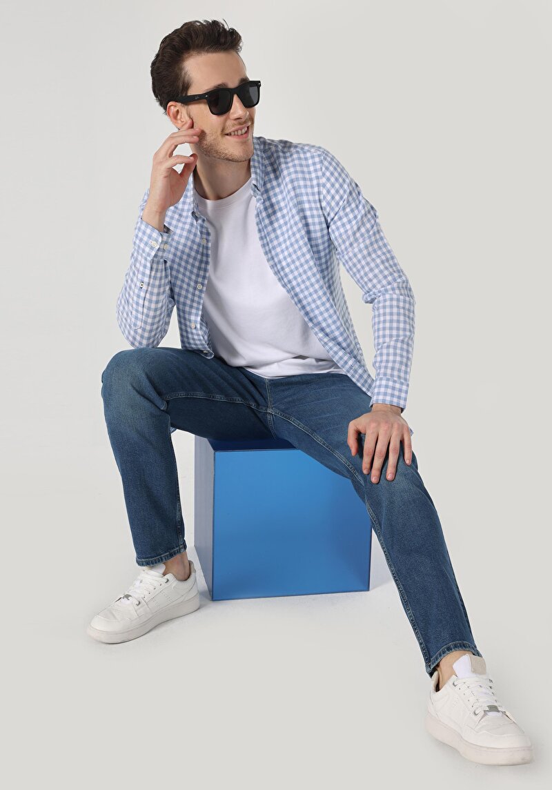 Regular Fit Shirt Neck Kareli Erkek Mavi Uzun Kol Gömlek