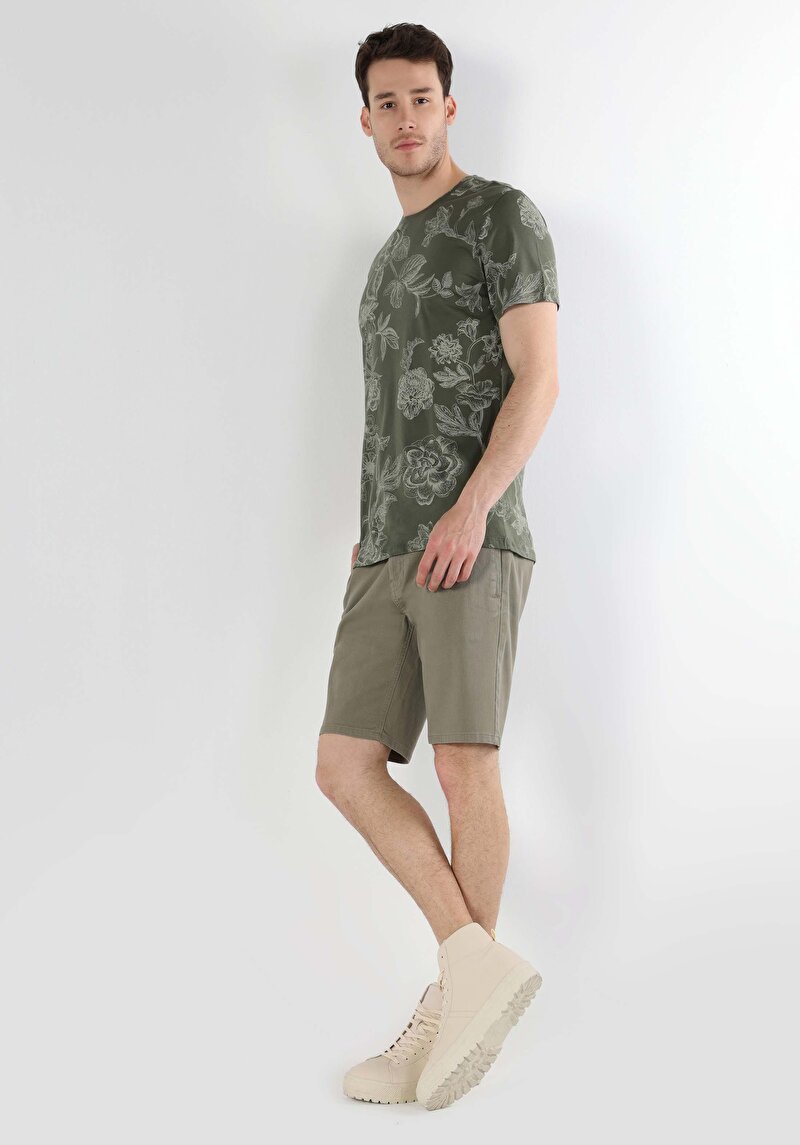 Regular Fit Yuvarlak Yaka Baskılı Erkek Yeşil Kısa Kol Tişört