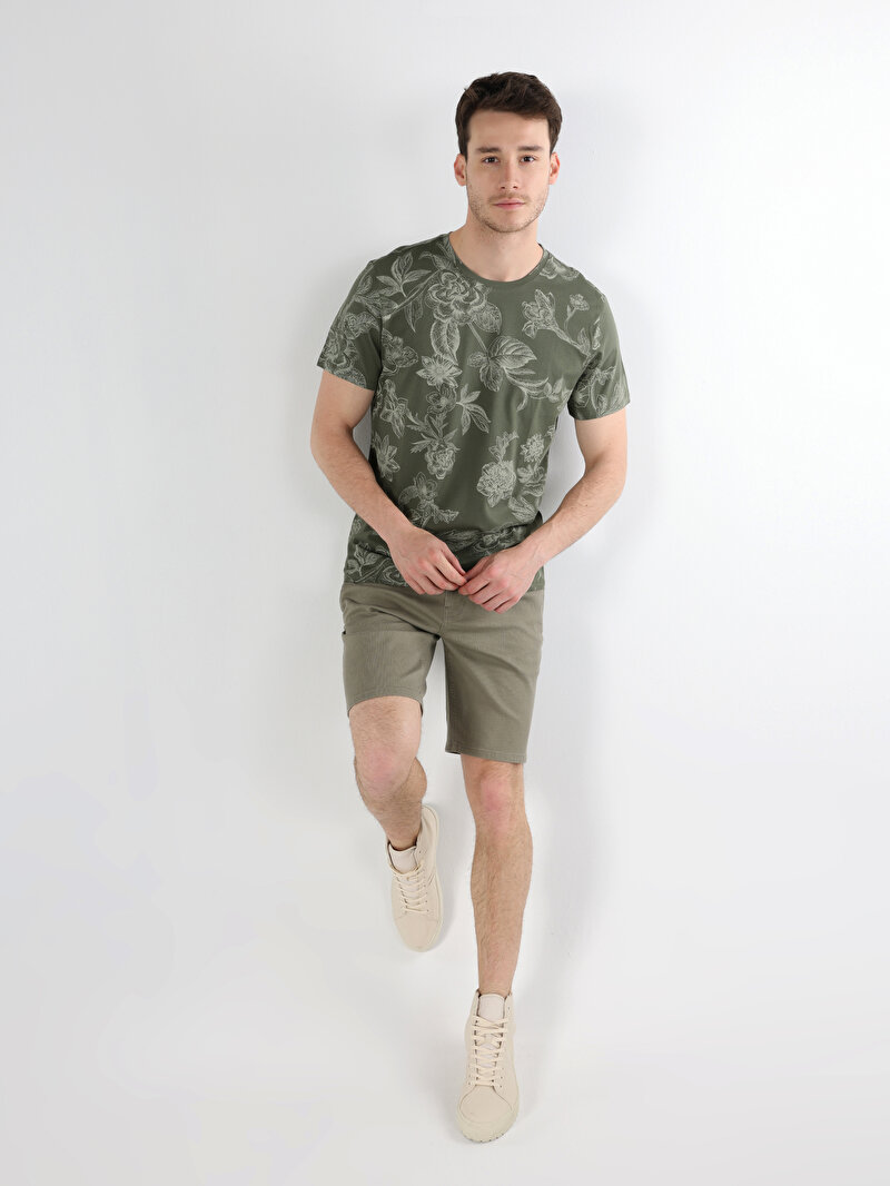 Regular Fit Yuvarlak Yaka Baskılı Erkek Yeşil Kısa Kol Tişört