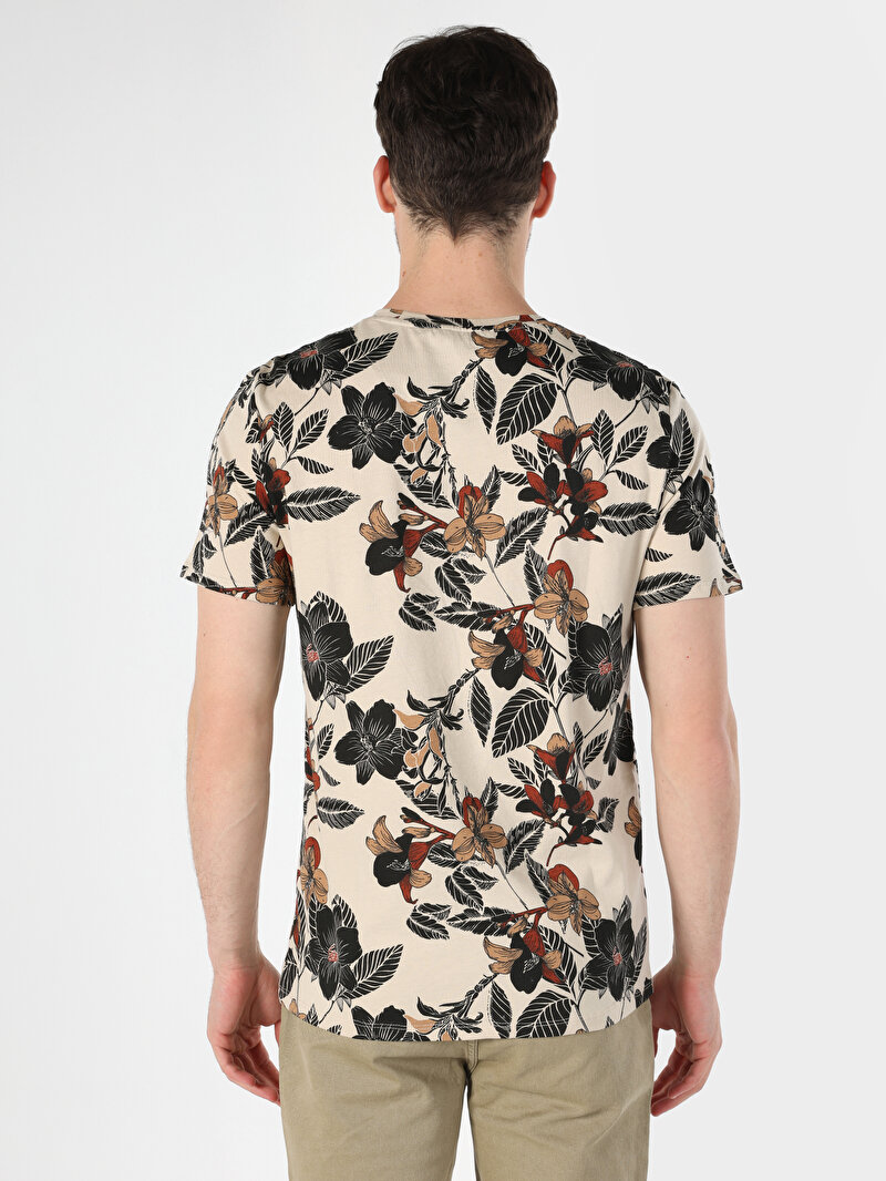 Regular Fit Yuvarlak Yaka Baskılı Erkek Bej Kısa Kol Tişört