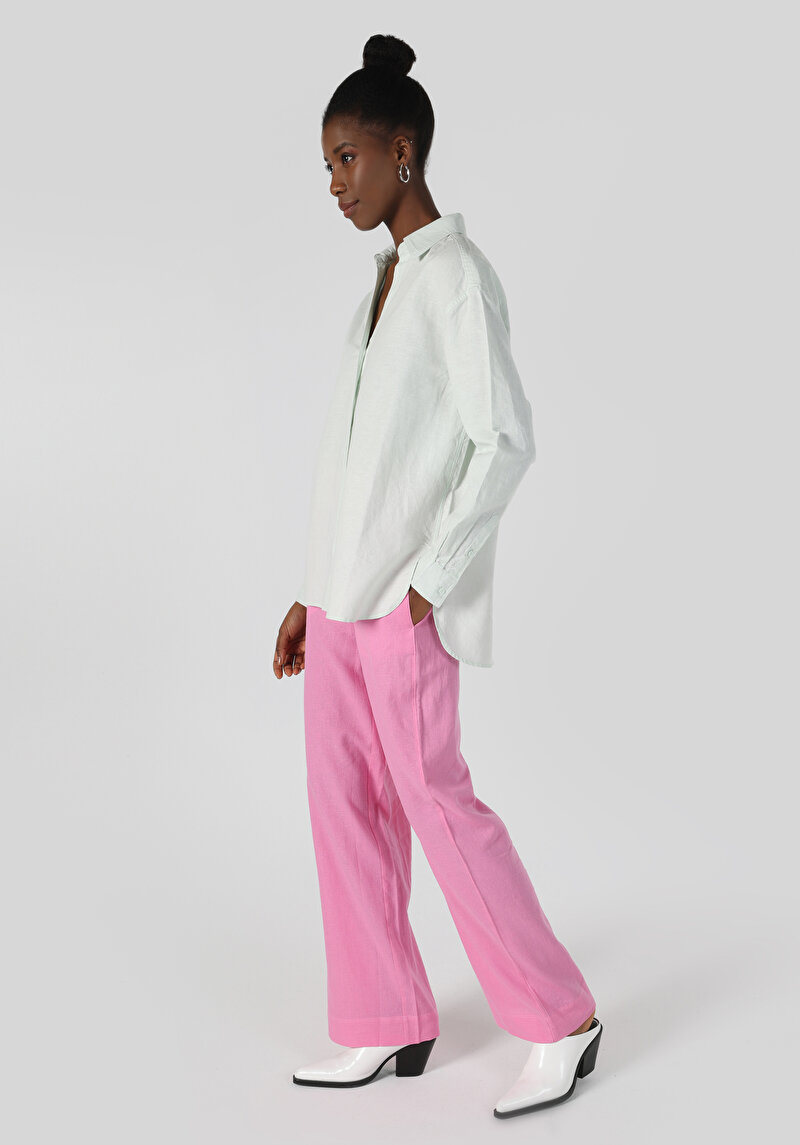 Regular Fit Shirt Neck Düz Kadın Yeşil Uzun Kol Gömlek