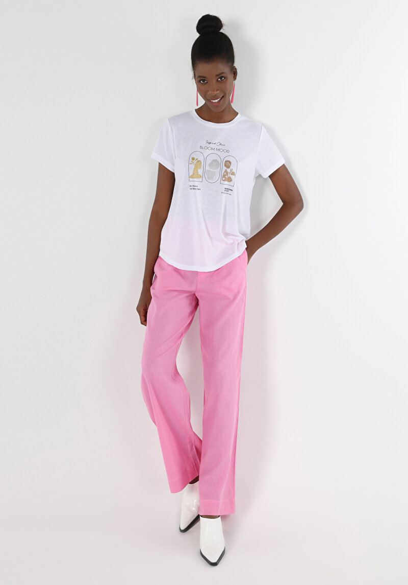 Regular Fit Yuvarlak Yaka Baskılı Kadın Beyaz Kısa Kol Tişört