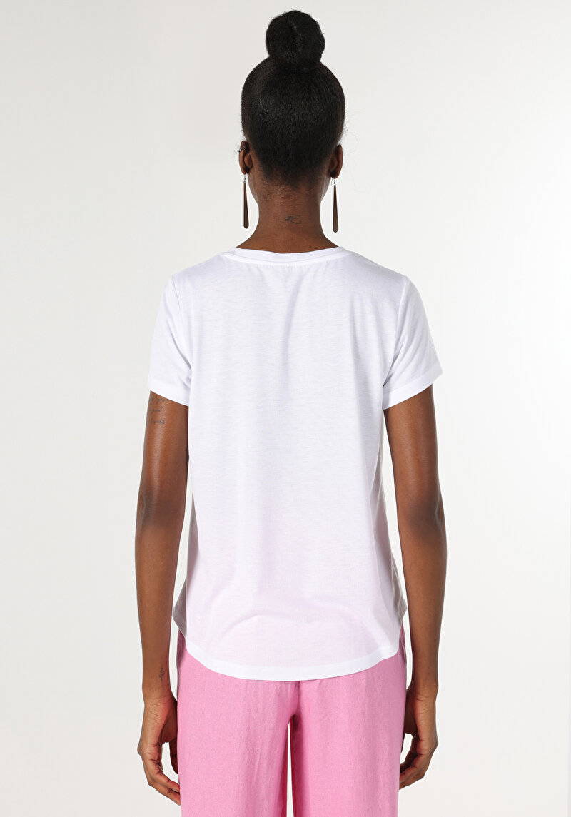 Regular Fit Yuvarlak Yaka Baskılı Kadın Beyaz Kısa Kol Tişört