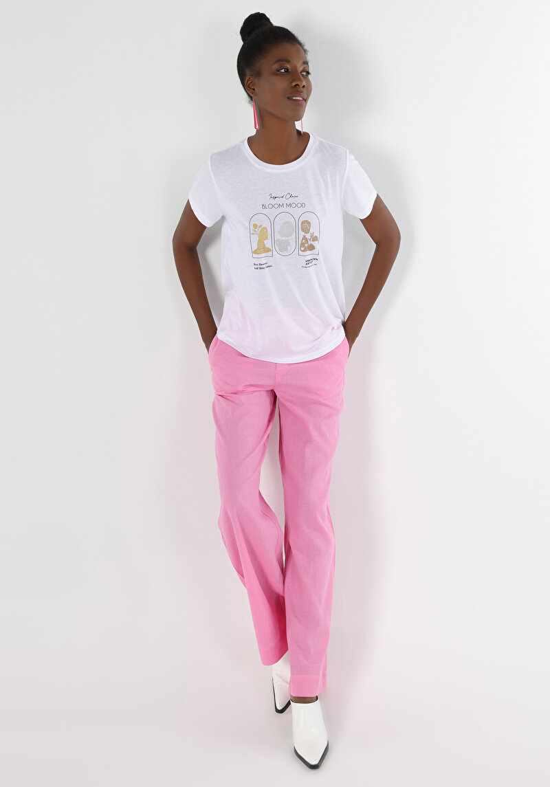 Regular Fit Yuvarlak Yaka Baskılı Kadın Beyaz Kısa Kol Tişört