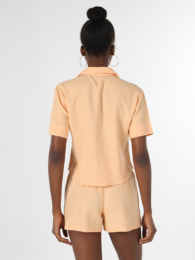 Regular Fit Shirt Neck Düz Kadın Turuncu Kısa Kol Gömlek