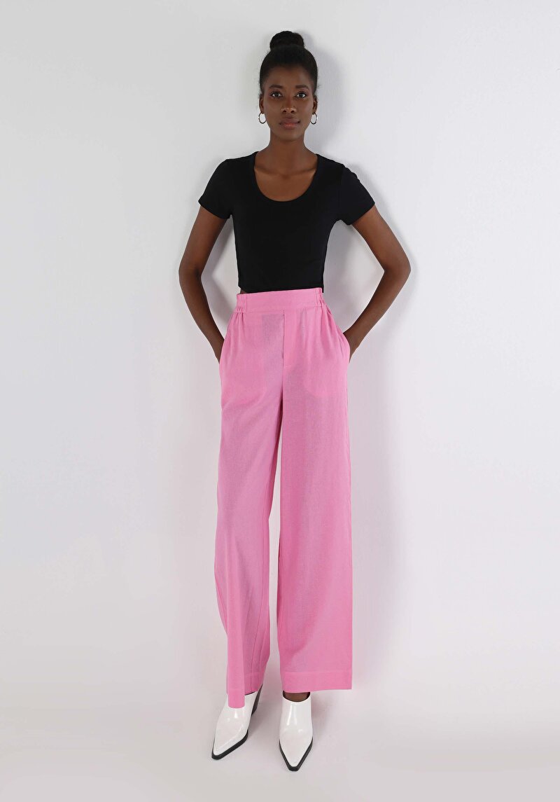 Regular Fit Yüksek Bel Geniş Paça Kadın Pembe Pantolon