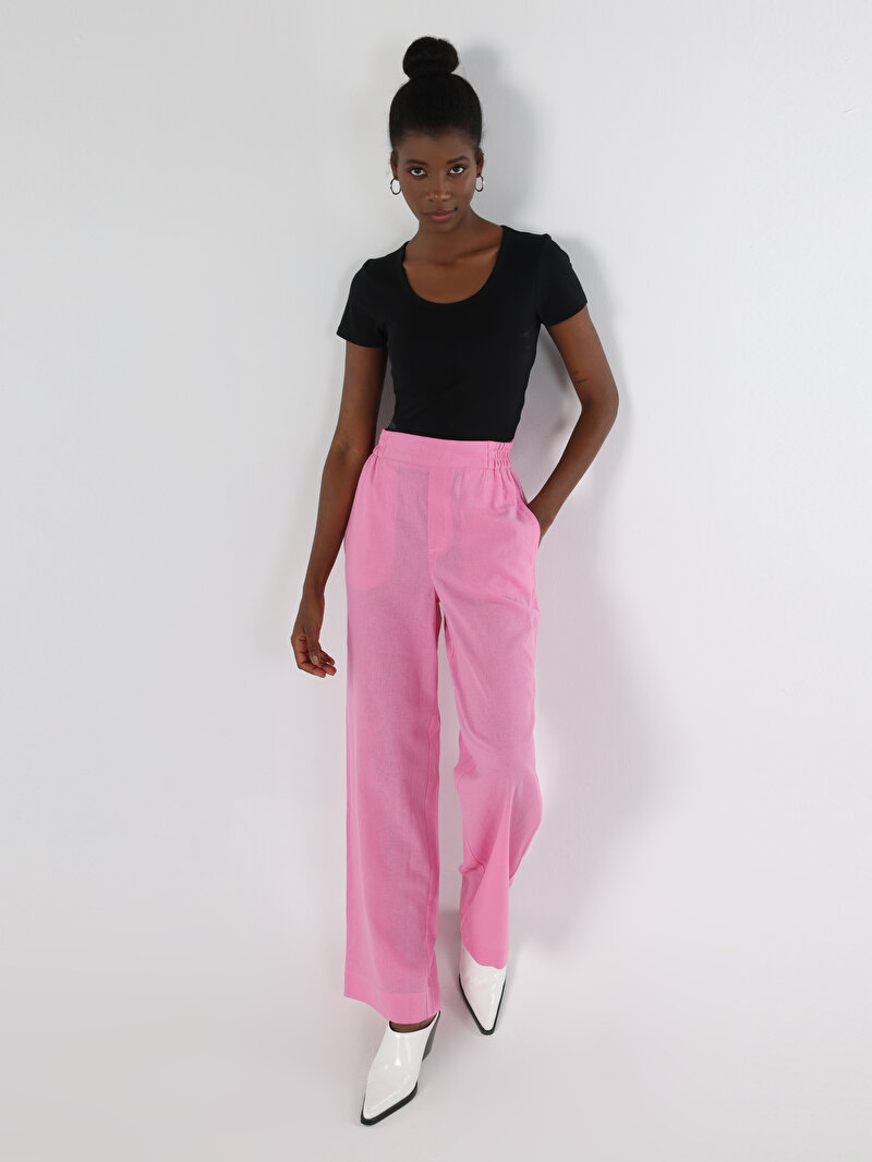 Regular Fit Yüksek Bel Geniş Paça Kadın Pembe Pantolon
