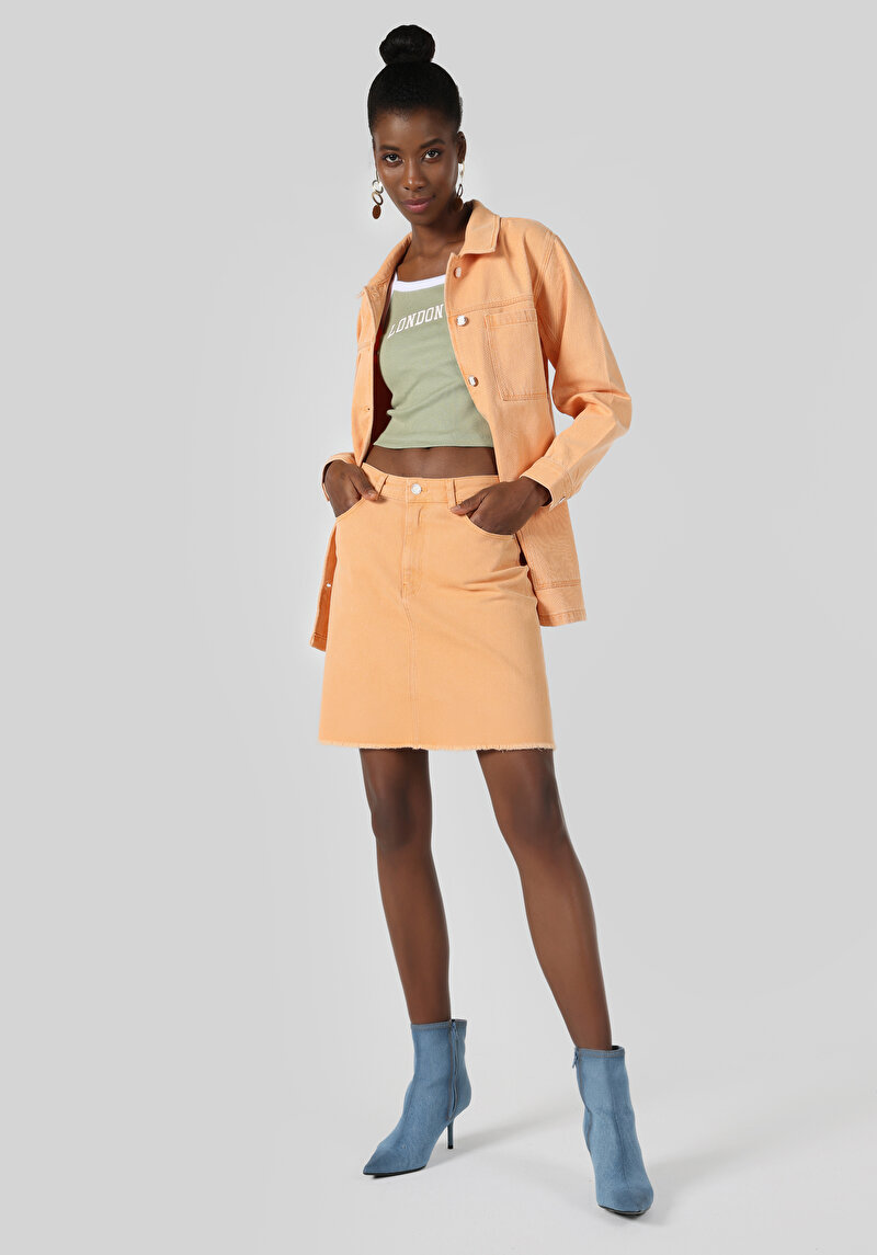 Slim Fit Düz Düğmeli Kadın Gri Etek