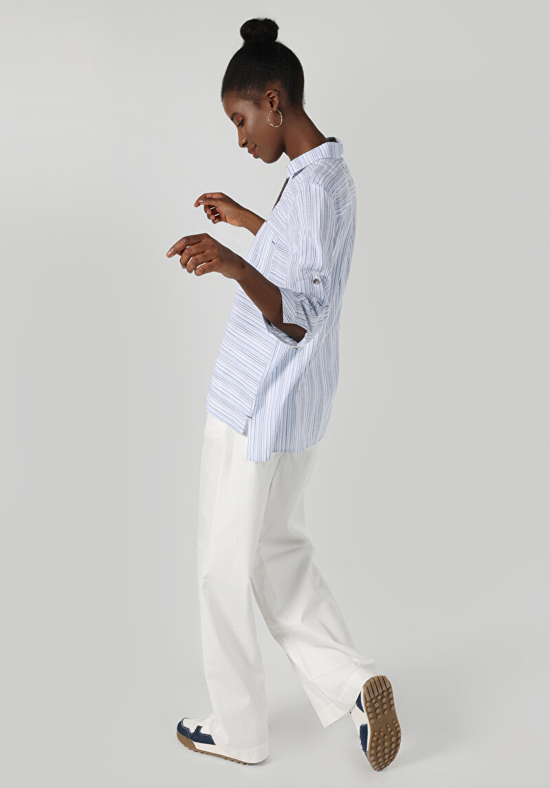 Regular Fit Shirt Neck Kadın Mavi Roll-Up Gömlek