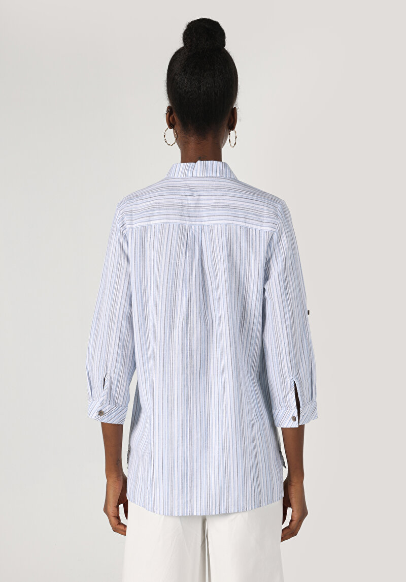 Regular Fit Shirt Neck Kadın Mavi Roll-Up Gömlek