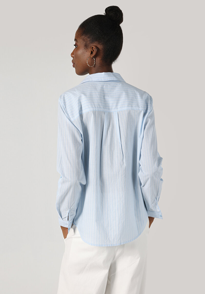 Regular Fit Shirt Neck  Kadın Mavi Roll-up Gömlek