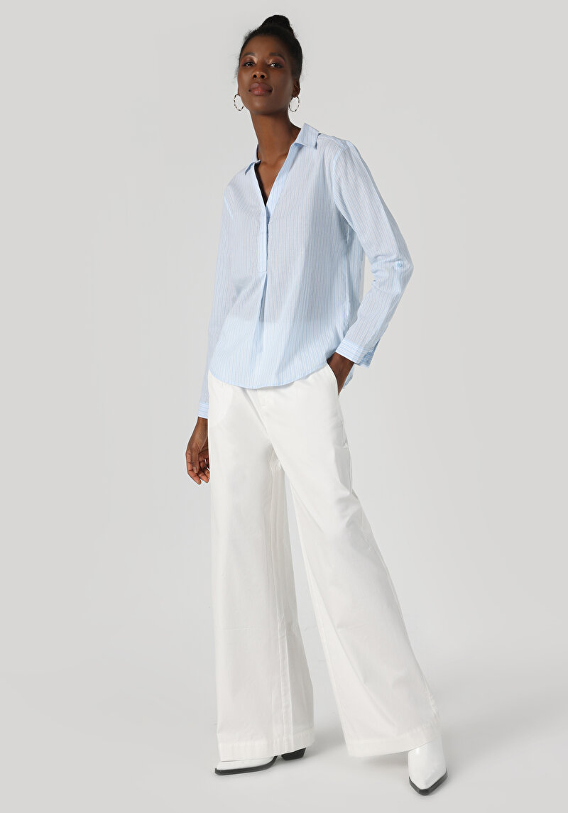Regular Fit Shirt Neck  Kadın Mavi Roll-up Gömlek