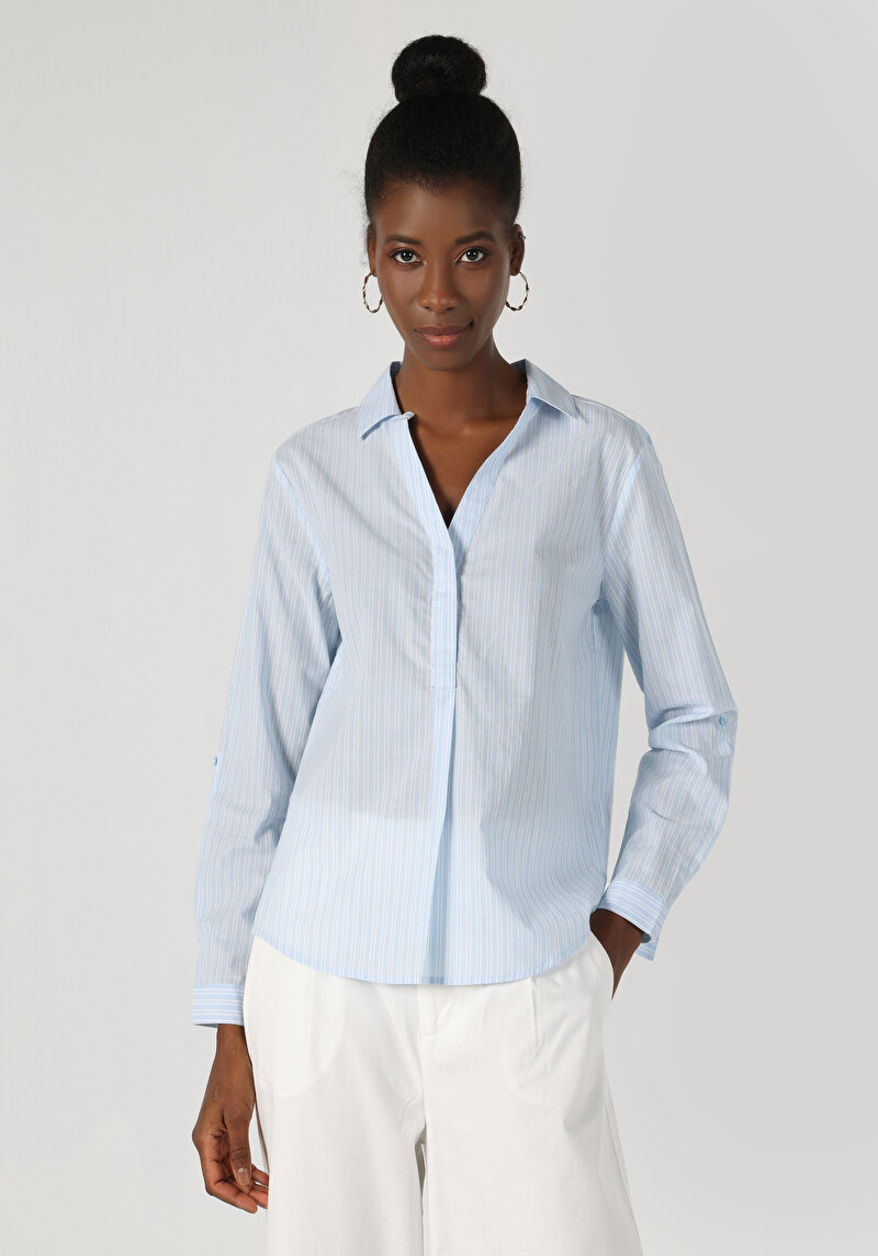 Regular Fit Shirt Neck  Kadın Mavi Roll-up Gömlek