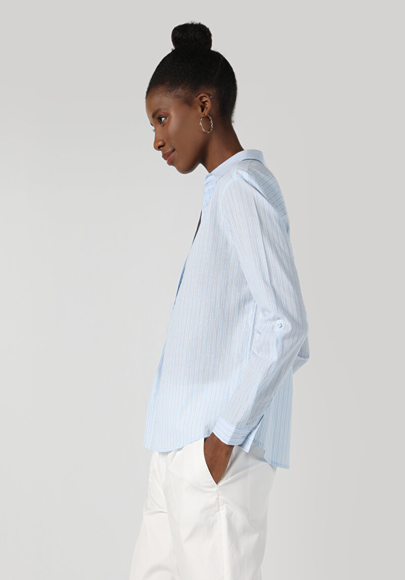 Regular Fit Shirt Neck  Kadın Mavi Roll-up Gömlek