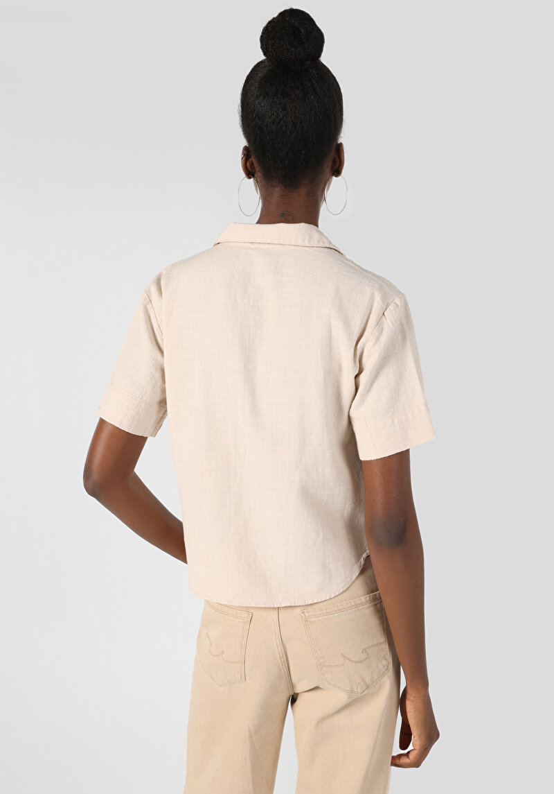 Regular Fit Shirt Neck Kadın Bej Kısa Kol Gömlek