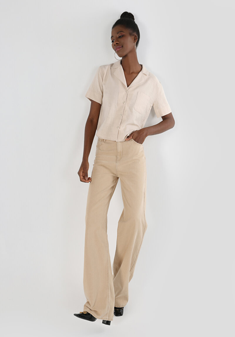 Regular Fit Shirt Neck Kadın Bej Kısa Kol Gömlek