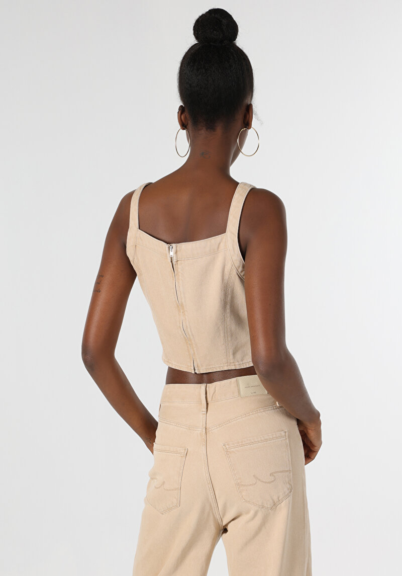 Slim Fit Pamuklu Kare Yaka Kadın Mavi Kolsuz Gömlek